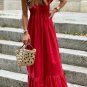 Red V Neck Flutter Sleeve Smocked Bodice High Waist Ruffle Maxi Dress