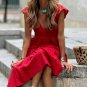 Red V Neck Flutter Sleeve Smocked Bodice High Waist Ruffle Maxi Dress