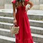 Red V Neck Flutter Sleeve Smocked Bodice High Waist Ruffle Maxi Dress