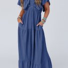 Navy Blue Textured V Neck Flutter Sleeve Ruffled Maxi Dress