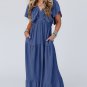 Navy Blue Textured V Neck Flutter Sleeve Ruffled Maxi Dress