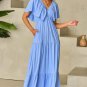 Sky Blue Textured V Neck Flutter Sleeve Ruffled Maxi Dress