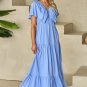 Sky Blue Textured V Neck Flutter Sleeve Ruffled Maxi Dress