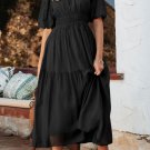 Black Puff Sleeve Pleated High Waist Flowy Long Dress
