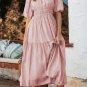 Pink Puff Sleeve Pleated High Waist Flowy Long Dress