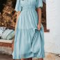 Light Blue Puff Sleeve Pleated High Waist Flowy Long Dress