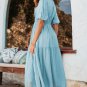 Light Blue Puff Sleeve Pleated High Waist Flowy Long Dress