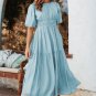 Light Blue Puff Sleeve Pleated High Waist Flowy Long Dress