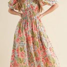 Apricot Pink Floral Smocked Bust Bubble Short Sleeve Maxi Dress
