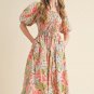 Apricot Pink Floral Smocked Bust Bubble Short Sleeve Maxi Dress