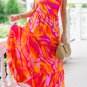 Red Abstract Print Knotted Shoulder High Waist Maxi Dress