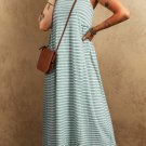 Green Stripe Shirred Frilled High Waist Sleeveless Loose Fit Maxi Dress