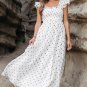 White Polka Dot Flutter Sleeve Square Neck Smocked Maxi Dress