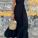 Black V Neck Flutter Sleeve Smocked Bodice High Waist Ruffle Maxi Dress