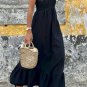 Black V Neck Flutter Sleeve Smocked Bodice High Waist Ruffle Maxi Dress