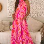 Rose Abstract Printed High Neck Knotted Nape Sleeveless Maxi Dress