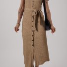 Buckskin Short Sleeve Textured Button Up Tie Waist Long Dress