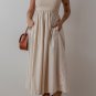 Beige Scoop Neck Ribbed Bodice Pleated Sleeveless Long Dress