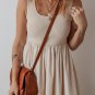 Beige Scoop Neck Ribbed Bodice Pleated Sleeveless Long Dress