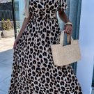 Khaki Leopard V Neck Cinched High Waist Open Back Maxi Dress