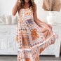 Orange Multi Printed Ricrac Trim Spaghetti Straps Maxi Dress