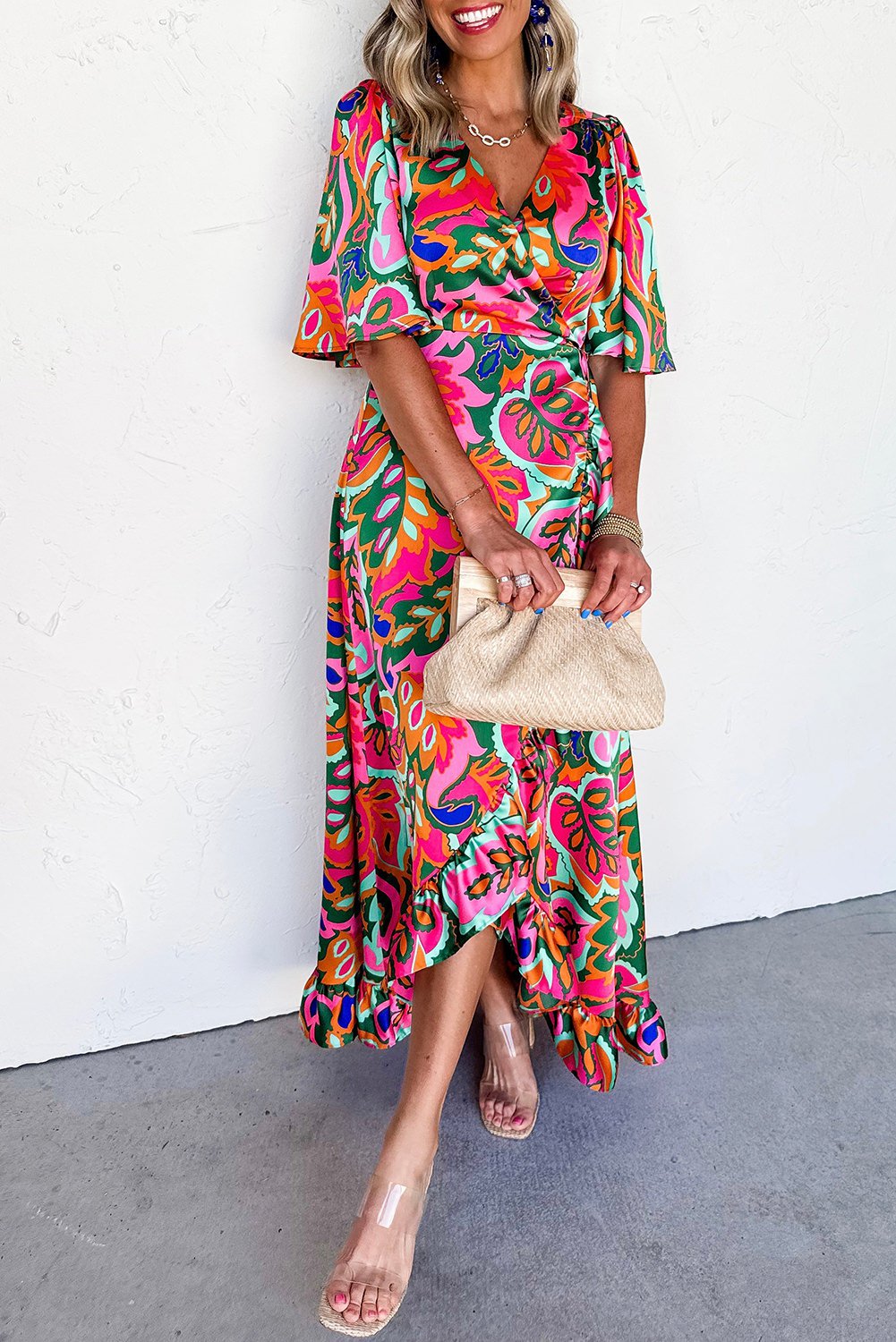 Rose Summer V Neck Ruffled Asymmetric Slit Wide Short Sleeve Maxi Dress