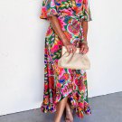 Rose Summer V Neck Ruffled Asymmetric Slit Wide Short Sleeve Maxi Dress