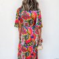 Rose Summer V Neck Ruffled Asymmetric Slit Wide Short Sleeve Maxi Dress