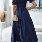Sail Blue Solid Textured Smocked Puff Short Sleeve High Waist Long Dress