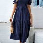Sail Blue Solid Textured Smocked Puff Short Sleeve High Waist Long Dress