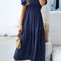 Sail Blue Solid Textured Smocked Puff Short Sleeve High Waist Long Dress