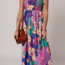 Purple Floral Print Shirred Spaghetti Strap Loose Maxi Dress