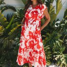 Red Floral Print Trimmed V Neck Ruffle Sleeve Long Dress