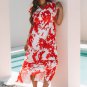 Red Floral Print Trimmed V Neck Ruffle Sleeve Long Dress