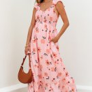 Pink Floral V Neck Smocked High Waist Ruffle Hem Long Dress