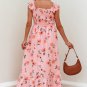Pink Floral V Neck Smocked High Waist Ruffle Hem Long Dress