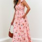 Pink Floral V Neck Smocked High Waist Ruffle Hem Long Dress