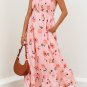 Pink Floral V Neck Smocked High Waist Ruffle Hem Long Dress