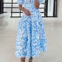 Sky Blue Floral V Neck Puff Short Sleeve Flowy Long Dress