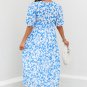 Sky Blue Floral V Neck Puff Short Sleeve Flowy Long Dress