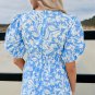 Sky Blue Floral V Neck Puff Short Sleeve Flowy Long Dress