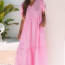 Pink Stripe V Neck Puff Short Sleeve Maxi Dress