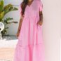 Pink Stripe V Neck Puff Short Sleeve Maxi Dress