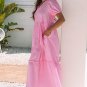 Pink Stripe V Neck Puff Short Sleeve Maxi Dress