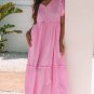 Pink Stripe V Neck Puff Short Sleeve Maxi Dress