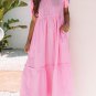 Pink Stripe V Neck Puff Short Sleeve Maxi Dress