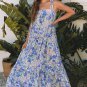 Sky Blue Floral Print Self-tie Straps Flowy Ruffle Long Dress