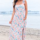 Pink Floral Print Square Neck Backless Long Dress with Slit