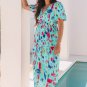 Sky Blue Abstract Print Short Puff Sleeve Tiered Maxi Dress