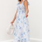 Sky Blue Floral Smocked High Waist Double Ruffle Sleeveless Long Dress